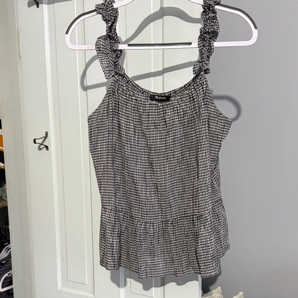 Madewell Black and White Checkered Ruffle Top